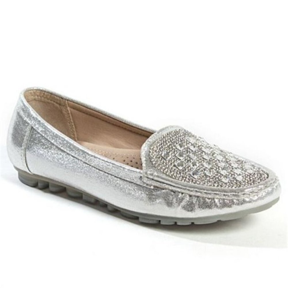 Lady Couture Rhinestone with Silver Metallic Flat Loafer - Size 36